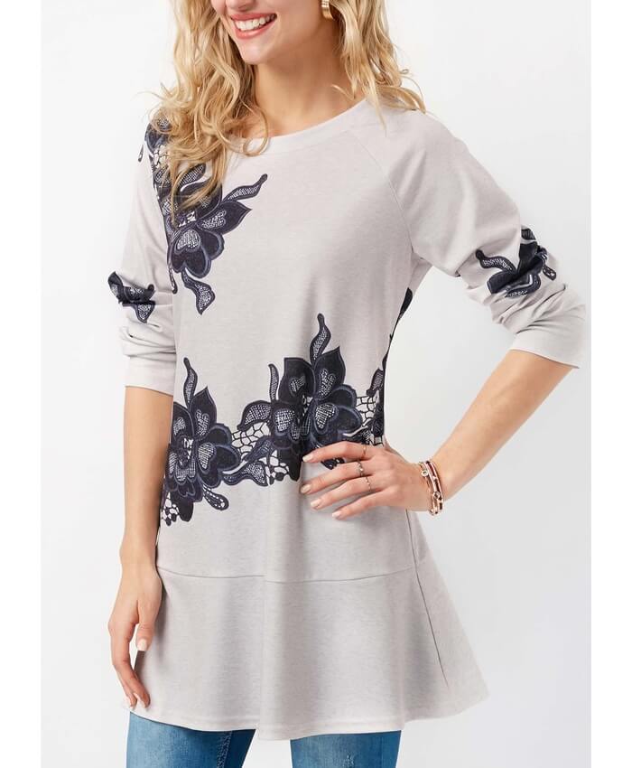 Long Sleeve Printed Light Grey T Shirt